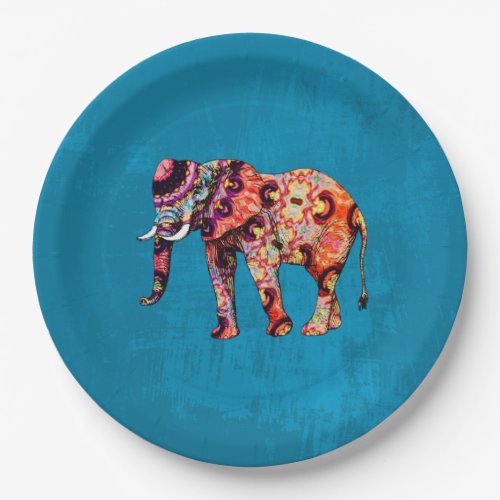 Colorful Multicolored Elephant on Blue Background Paper Plates