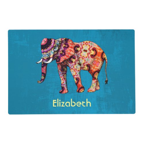 Colorful Multicolored Elephant on Blue Background Placemat