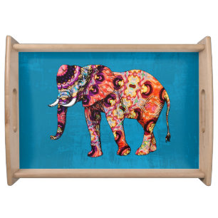 Colorful Multicolored Elephant on Blue Background Serving Tray