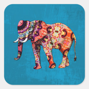 Colorful Multicolored Elephant on Blue Background Square Sticker