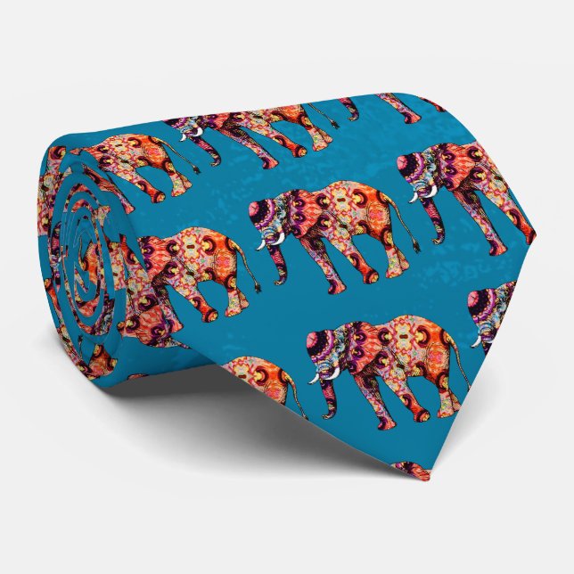 Colorful Multicolored Elephant on Blue Background Tie (Rolled)
