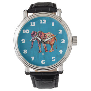 Colorful Multicolored Elephant on Blue Background Watch