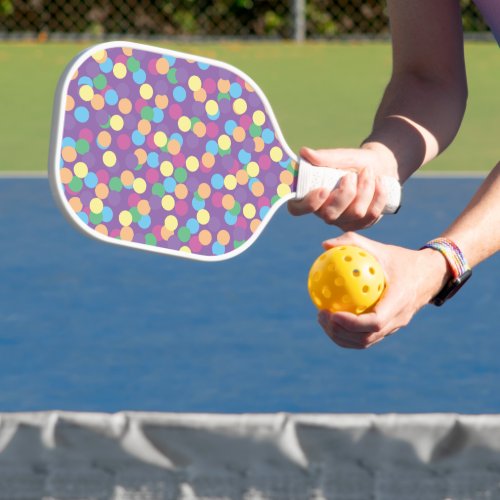 Colorful Multicolored Polka_Dots Pattern on Purple Pickleball Paddle