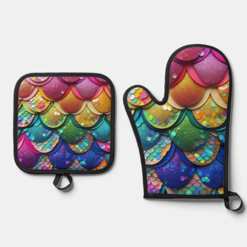 Colorful Multicolored Rainbow Mermaid Tail Print Oven Mitt  Pot Holder Set