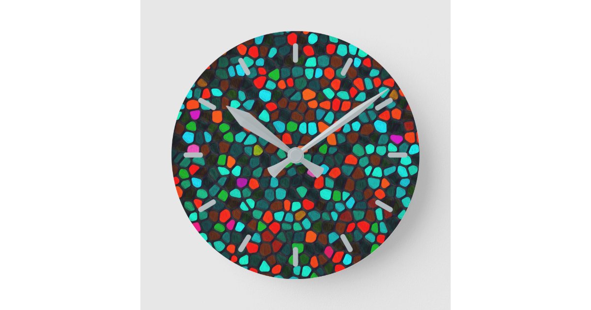 Colorful Multicoloured Mosaic Pattern Round Clock | Zazzle