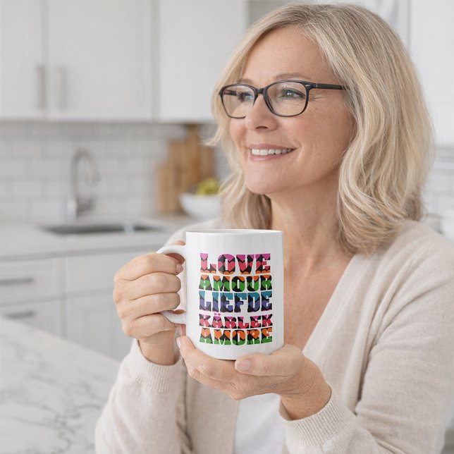 Colorful Multilingual Love Typography Design Coffee Mug (A mug that says love in many languages with neon color hearts.)