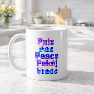 Colorful Multilingual Peace Word Art with Hearts Coffee Mug