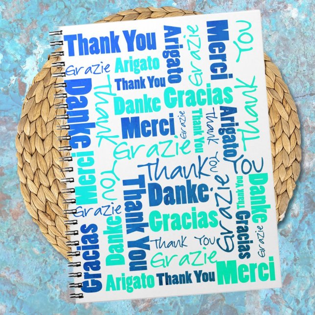 Colorful Multilingual Thank You Gratitude Journal (Show your daily gratitude with a multilingual thank you notebook cover in blue and green typography.)
