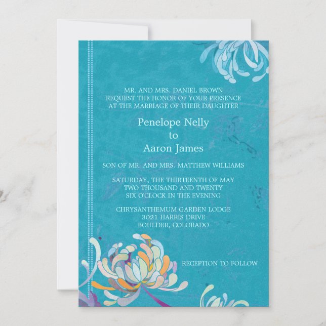 Colorful Mum Turquoise Floral Wedding Invitation (Front)