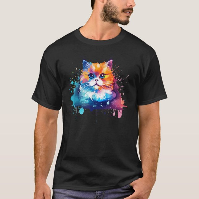 Colorful Munchkin Cat Face Splash Art T-Shirt (Front)