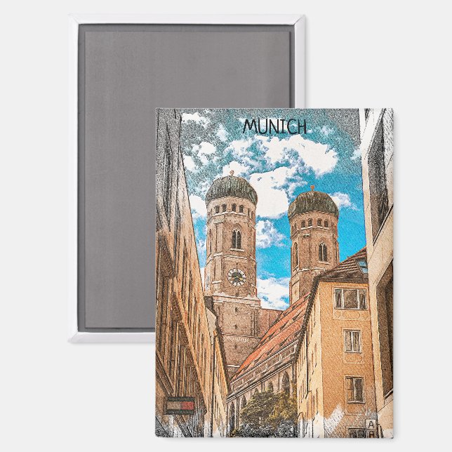 Colorful Munich Germany Frauenkirche Magnet (Front/Back)