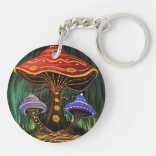 Colorful Mushroom Art Whimsical Cottagecore Forest Keychain