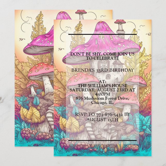 Colorful Mushroom Dwelling Hut Birthday Party Invitation (Front/Back)