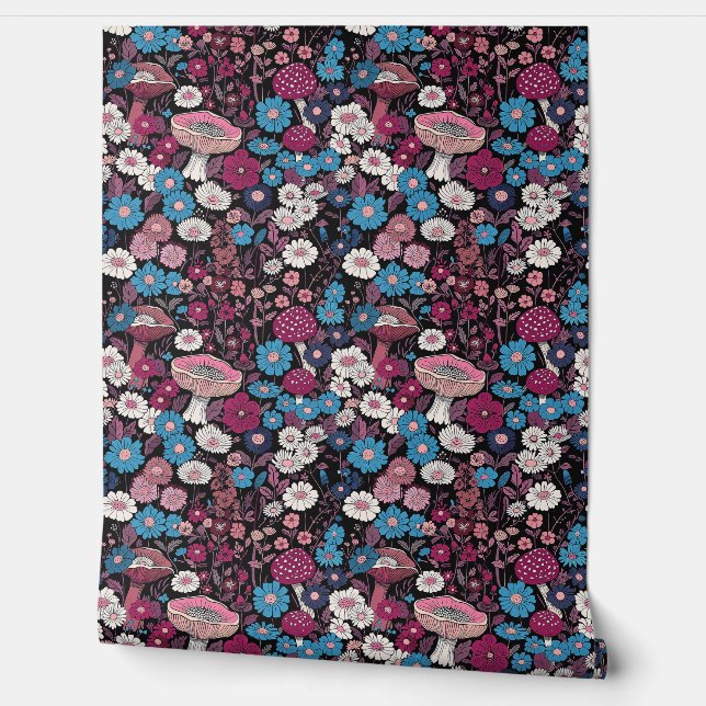 Colorful Mushroom Flower Floral Pattern Wallpaper (Unrolling)