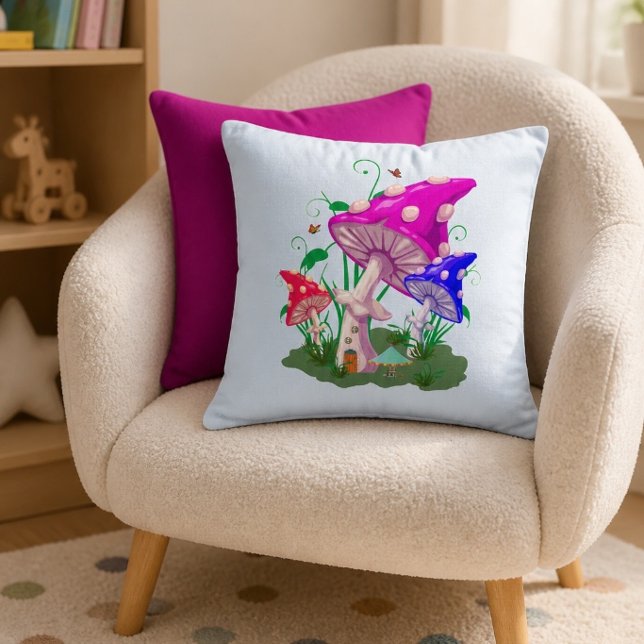 Colorful Mushroom | Light Blue  Throw Pillow (Creator Uploaded)