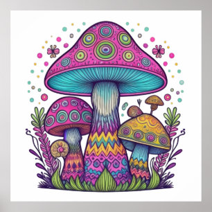 Colorful Mushroom Meadow Poster
