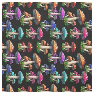 Colorful Mushroom On Black Background Textile Fabric