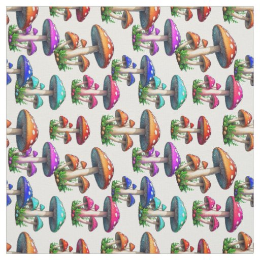 Colorful Mushroom On White Background Textile Fabric