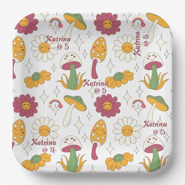 Colorful Mushroom, Rainbow and Daisies Pattern Paper Plates (Front)