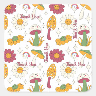 Colorful Mushroom, Rainbow and Daisies Pattern Square Sticker