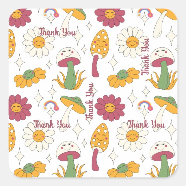 Colorful Mushroom, Rainbow and Daisies Pattern Square Sticker (Front)