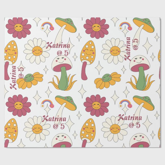 Colorful Mushroom, Rainbow and Daisies Pattern Wrapping Paper (Flat)