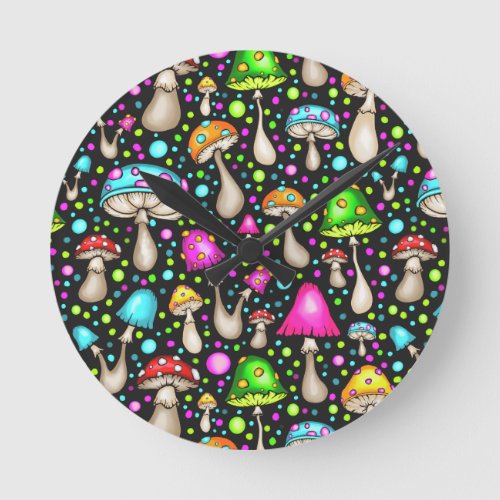 Colorful Mushroom Seamless Pattern Round Clock