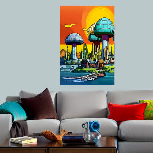 Colorful mushroom town AI Art Poster