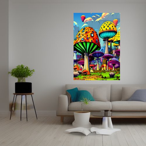 Colorful mushroom village  AI Art  Poster