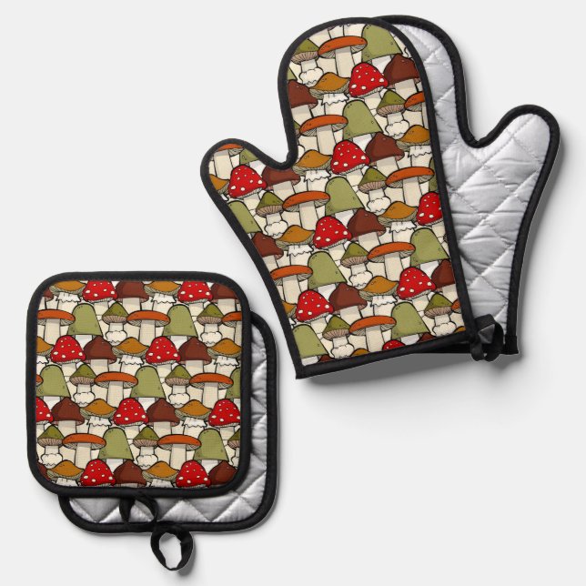 Colorful Mushrooms Design Oven Mitt & Pot Holder Set (Front/Back)
