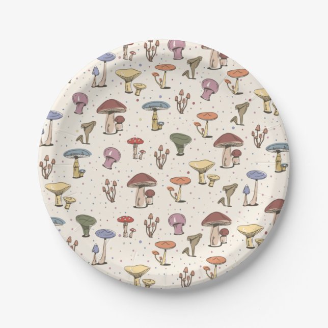 Colorful Mushrooms Doodle Pattern Paper Plates (Front)