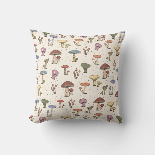 Colorful Mushrooms Doodle Pattern Throw Pillow (Front)