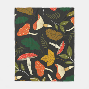 Colorful mushrooms, leaves, vintage full color. fleece blanket