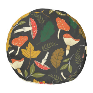 Colorful mushrooms, leaves, vintage full color. pouf