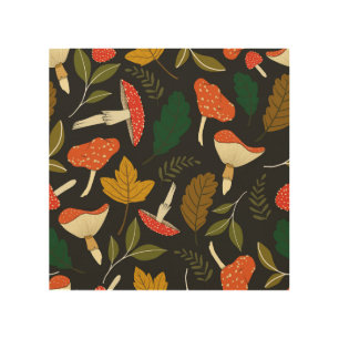 Colorful mushrooms, leaves, vintage full color. wood wall art