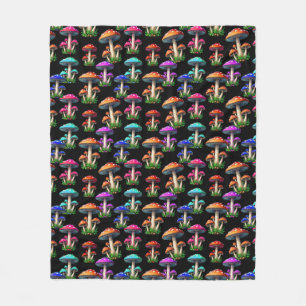 Colorful Mushrooms On Black Background  Fleece Blanket