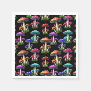 Colorful Mushrooms On Black Background Napkins