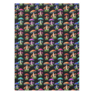 Colorful Mushrooms On Black Background Tablecloth