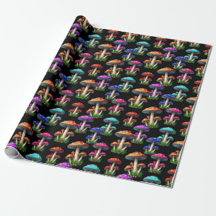 Colorful Mushrooms On Black Background Wrapping Paper