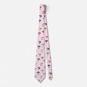 Colorful Mushrooms on Solid Pink Background Neck Tie