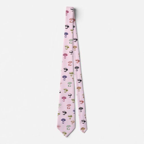 Colorful Mushrooms on Solid Pink Background Neck Tie