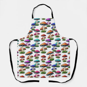 Colorful Mushrooms On White Background  Apron