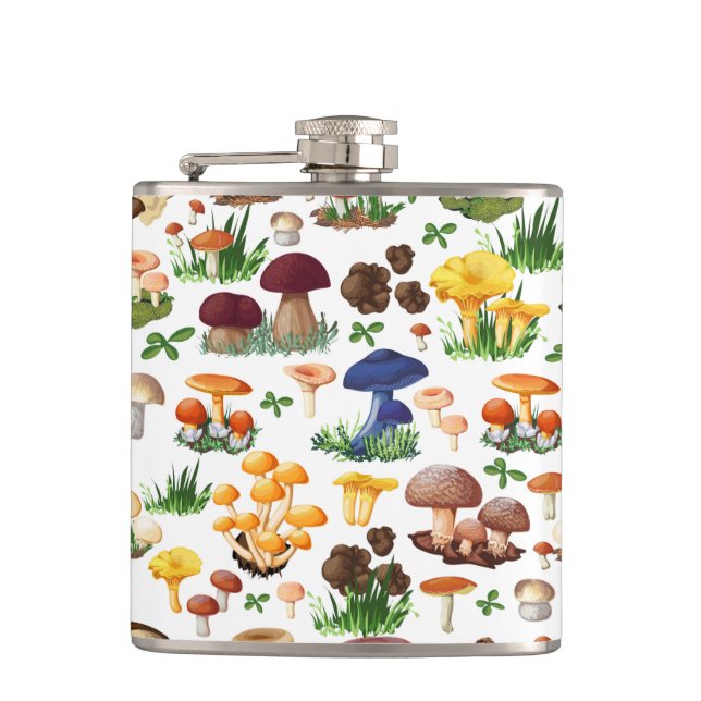 Colorful Mushrooms on White Flask (Front)
