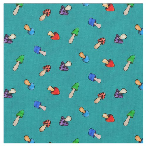 Colorful Mushrooms Teal Blue Textured Background Fabric