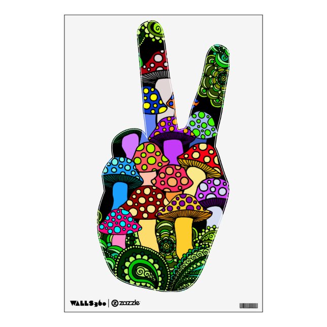 Colorful Mushrooms Wall Decal Peace Hand (Front)