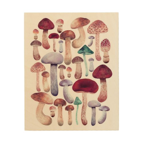 Colorful  Mushrooms Watercolor illustration   Wood Wall Art