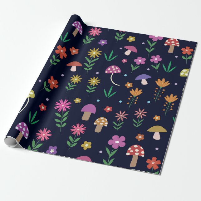 Colorful Mushrooms With Whimsical Flowers Pattern  Wrapping Paper (Unrolled)
