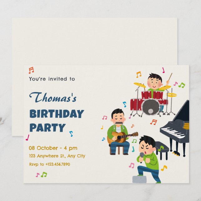 Colorful music band performing birthday invitation (Front/Back)