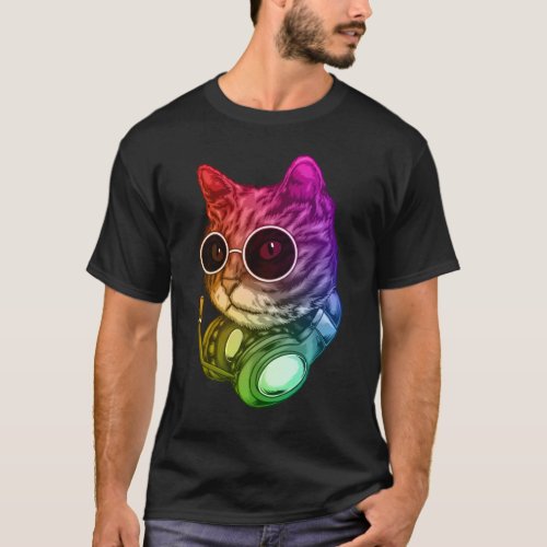 Colorful Music Cat Headphones Raver Animal T_Shirt