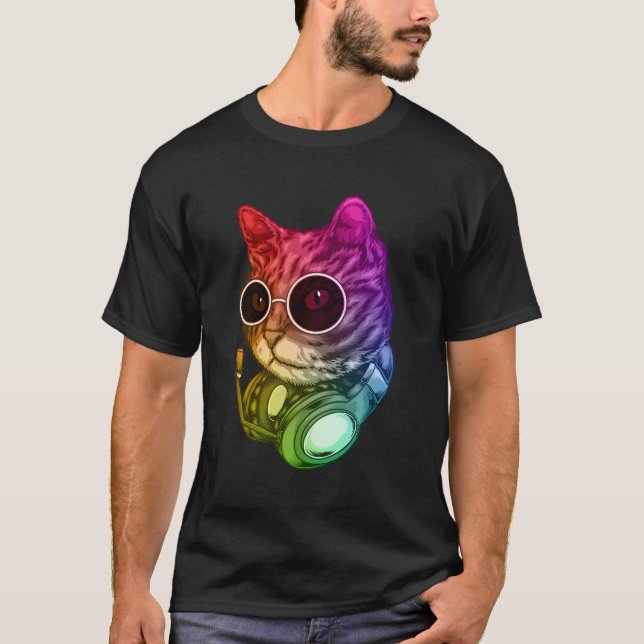 Colorful Music Cat Headphones Raver Animal T-Shirt (Front)